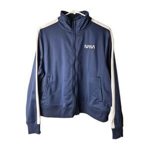 Mighty Fine NASA Sweatshirt Women Size Large Navy Blue White Full Zip-Up Pockets